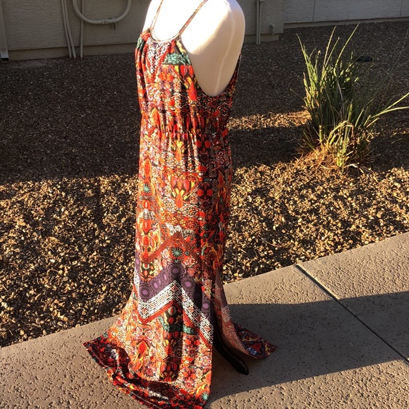 Colorful Patterned Spaghetti Straps Maxi Dress w/ Side Splits! Sz L; FITS LIKE M - Picture 6 of 12